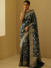 Banarasee Handwoven Semi-Katan Zari Jaal & Border Saree-Cobalt Blue