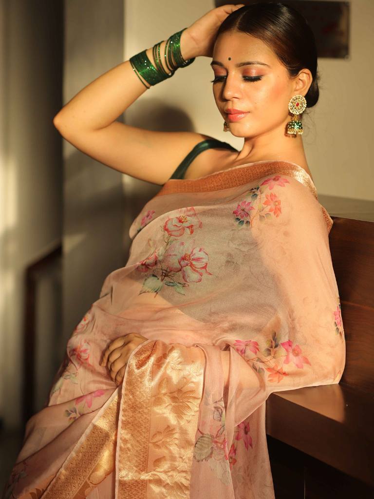 Banarasee Organza Mix Saree With Digital Floral Print-Peach