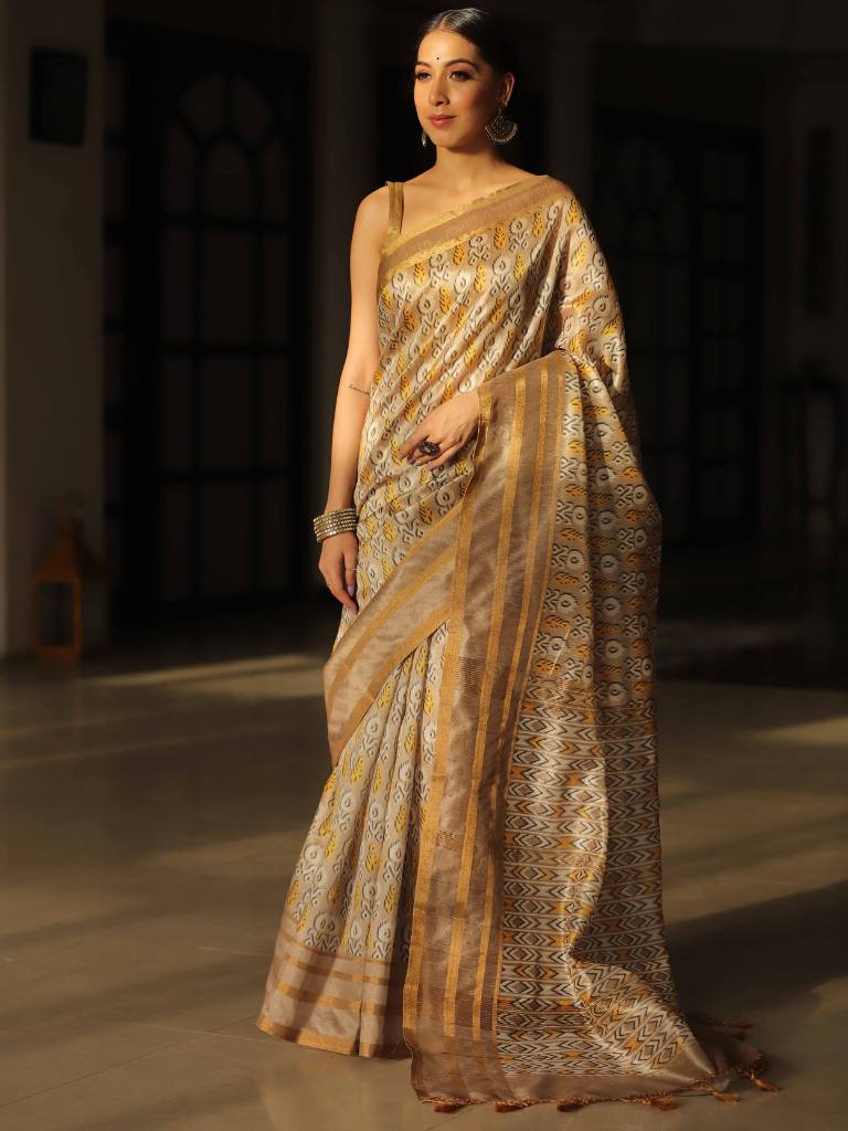 Banarasee Linen Cotton Digital Print Zari Border Saree-Beige