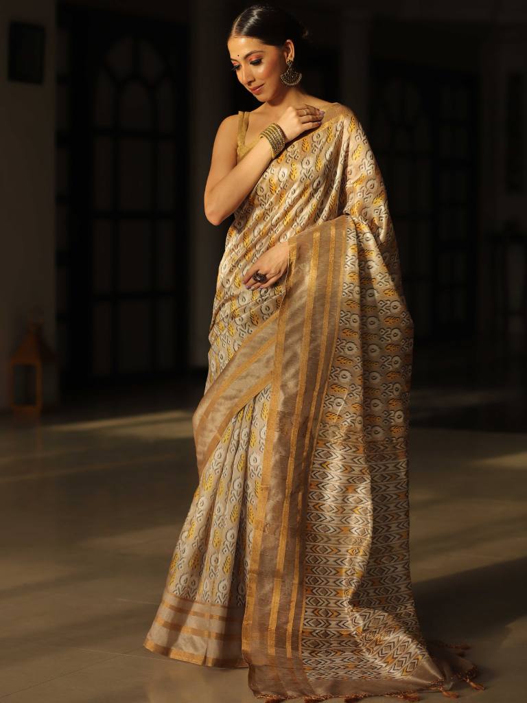 Banarasee Linen Cotton Digital Print Zari Border Saree-Beige