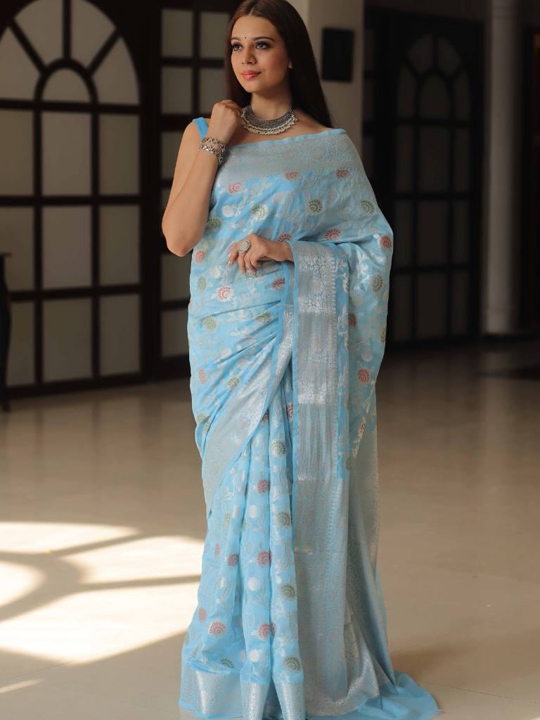 Banarasee Faux Georgette Saree With Silver Zari & Work-Light Blue