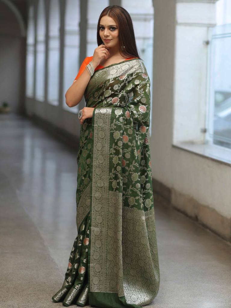 Banarasee Faux Georgette Saree With Silver Zari & Work-Olive Green