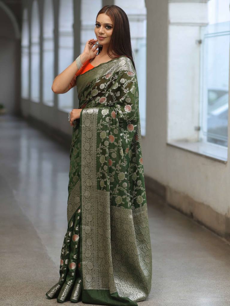 Banarasee Faux Georgette Saree With Silver Zari & Work-Olive Green