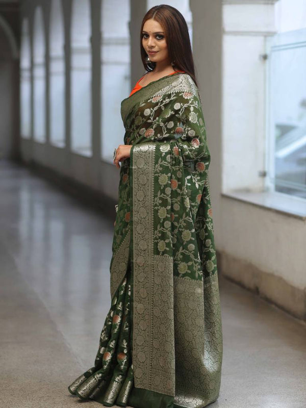 Banarasee Faux Georgette Saree With Silver Zari & Work-Olive Green