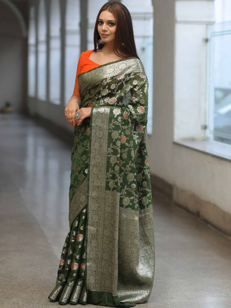 Banarasee Faux Georgette Saree With Silver Zari & Work-Olive Green