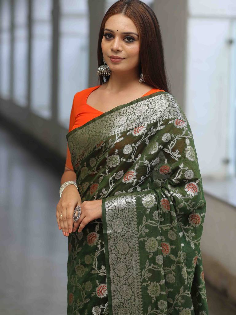 Banarasee Faux Georgette Saree With Silver Zari & Work-Olive Green