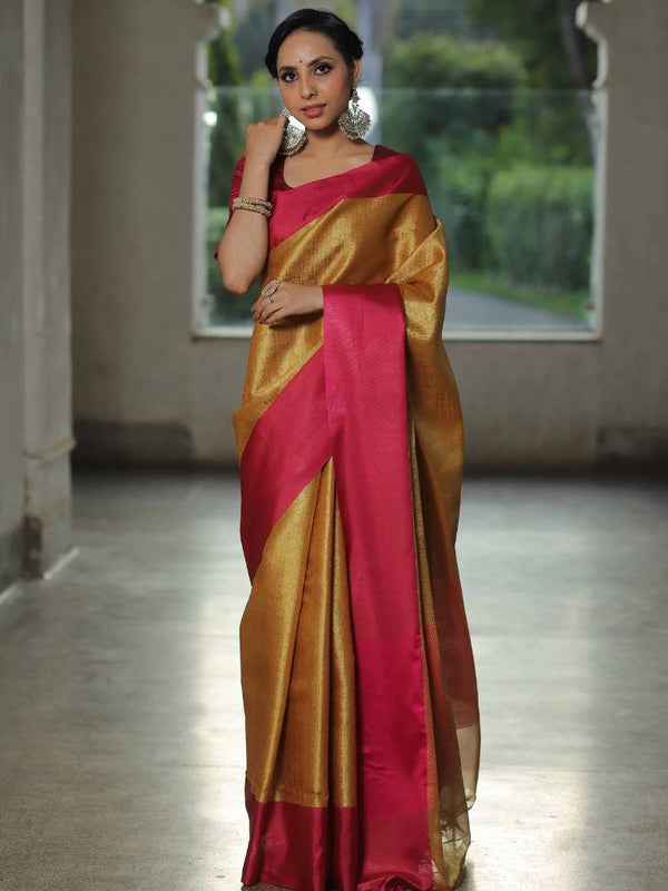 Banarasee Kora Muslin Saree With Self-Weaving Design & Contrast Border-Gold & Pink