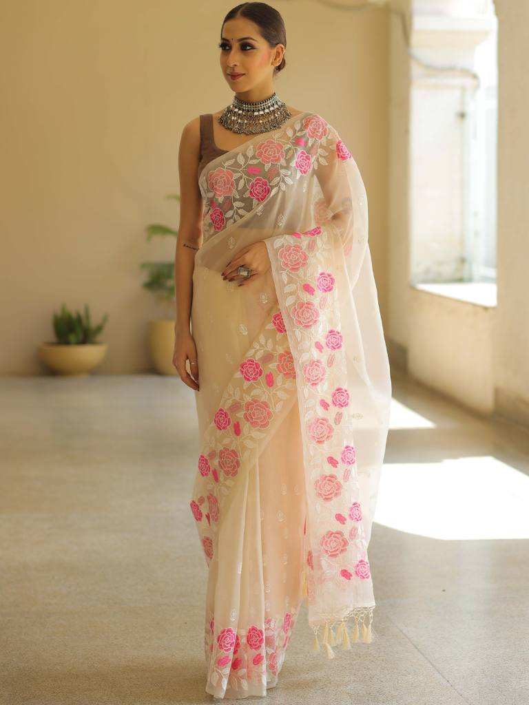 Banarasee Pure Organza Silk Saree With Floral Resham Embroidery-Off-white