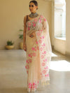 Banarasee Pure Organza Silk Saree With Floral Resham Embroidery-Off-white
