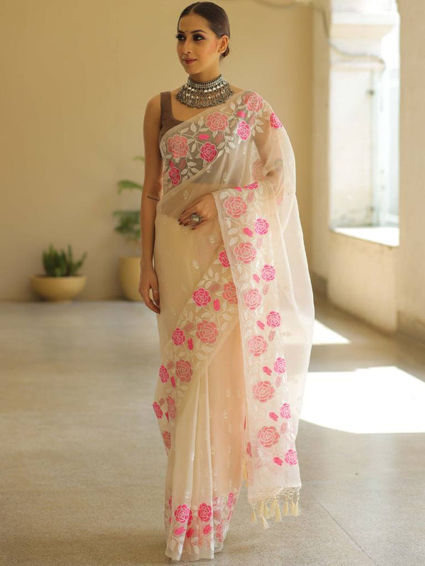 Banarasee Pure Organza Silk Saree With Floral Resham Embroidery-Off-white