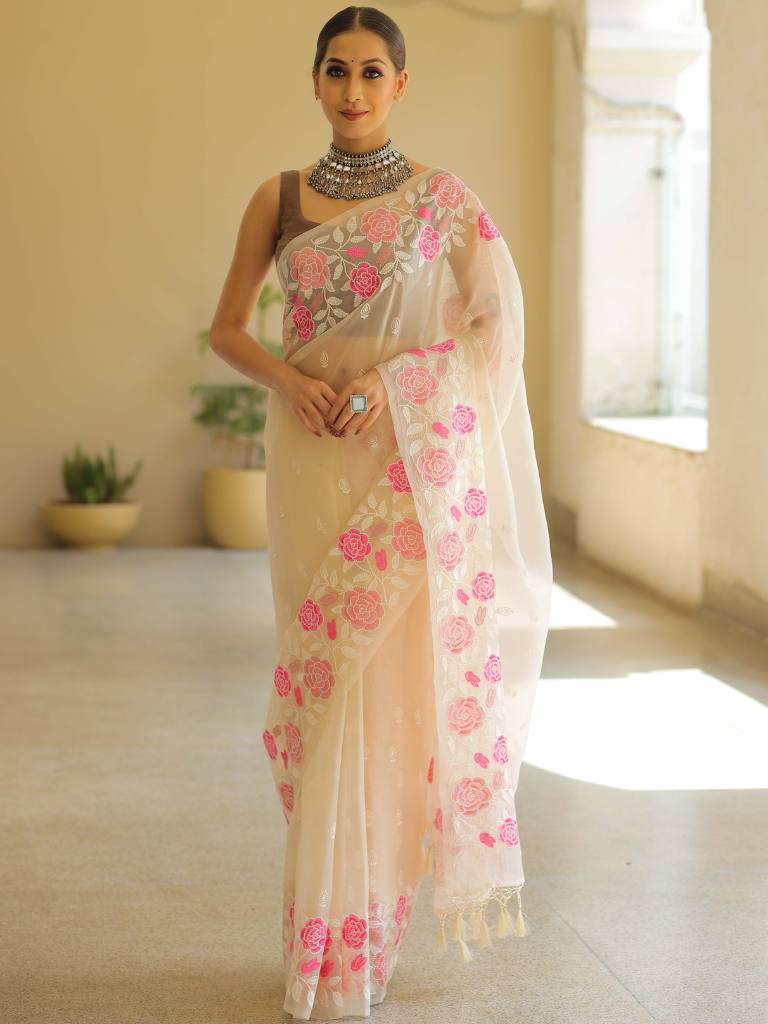 Banarasee Pure Organza Silk Saree With Floral Resham Embroidery-Off-white