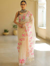 Banarasee Pure Organza Silk Saree With Floral Resham Embroidery-Off-white