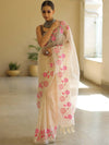 Banarasee Pure Organza Silk Saree With Floral Resham Embroidery-Off-white