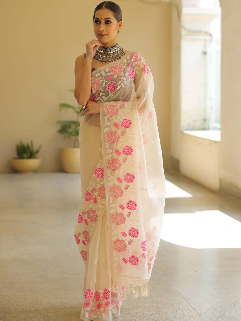 Banarasee Pure Organza Silk Saree With Floral Resham Embroidery-Off-white