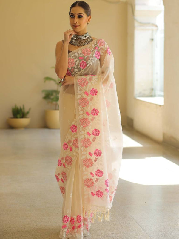 Banarasee Pure Organza Silk Saree With Floral Resham Embroidery-Off-white