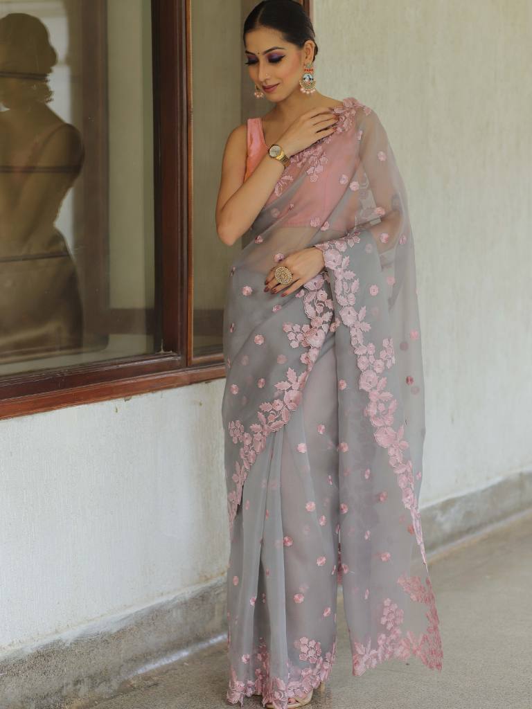 Banarasee Pure Organza Silk Saree With Floral Resham Embroidery-Grey