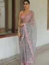 Banarasee Pure Organza Silk Saree With Floral Resham Embroidery-Grey