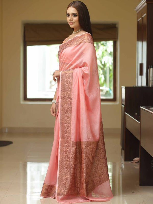 Banarasee Handloom Chanderi Antique Zari Design Saree-Peach