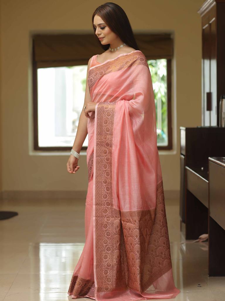 Banarasee Handloom Chanderi Antique Zari Design Saree-Peach