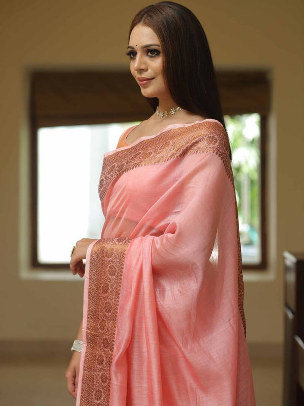 Banarasee Handloom Chanderi Antique Zari Design Saree-Peach