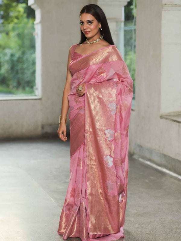 Banarasee Handloom Chanderi Antique Zari Design Saree-Pink
