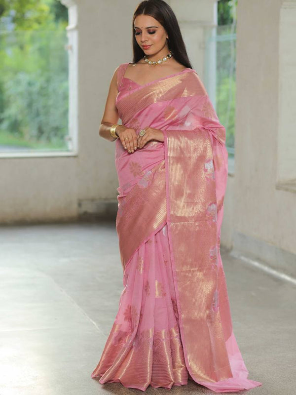 Banarasee Handloom Chanderi Antique Zari Design Saree-Pink