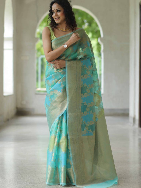 Banarasee Organza Mix Saree With Zari Jaal & Border-Blue