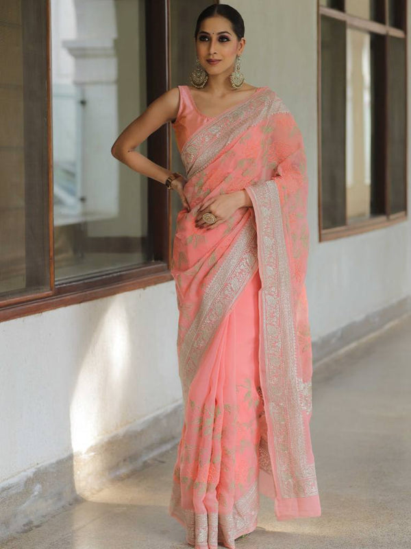 Banarasee Pure Georgette Saree With Embroidery Work-Peach