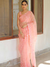 Banarasee Pure Organza Silk Saree With Floral Resham Embroidery-Peach
