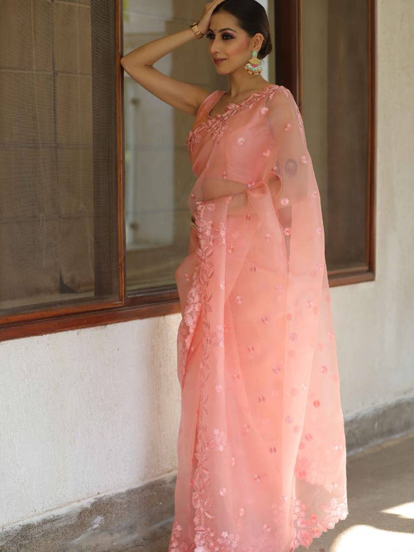 Banarasee Pure Organza Silk Saree With Floral Resham Embroidery-Peach