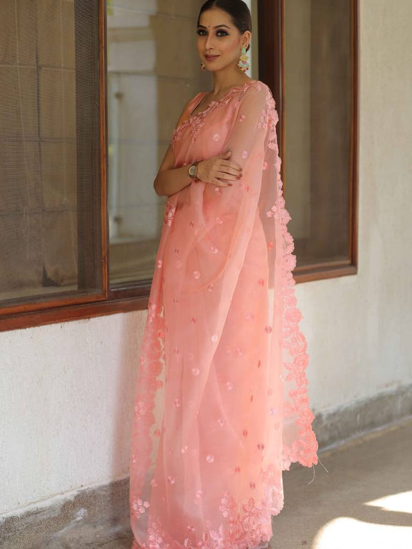 Banarasee Pure Organza Silk Saree With Floral Resham Embroidery-Peach