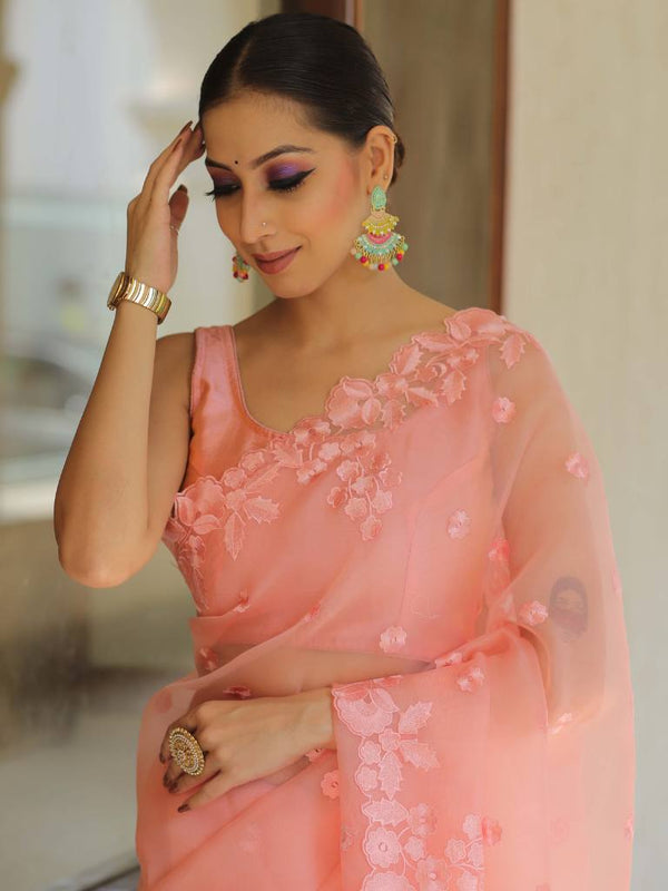 Banarasee Pure Organza Silk Saree With Floral Resham Embroidery-Peach