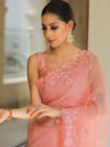 Banarasee Pure Organza Silk Saree With Floral Resham Embroidery-Peach