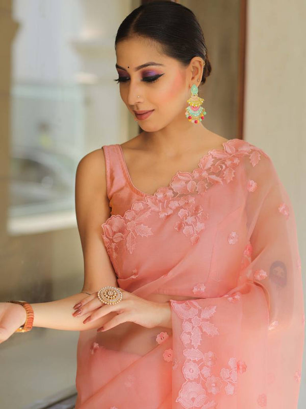 Banarasee Pure Organza Silk Saree With Floral Resham Embroidery-Peach