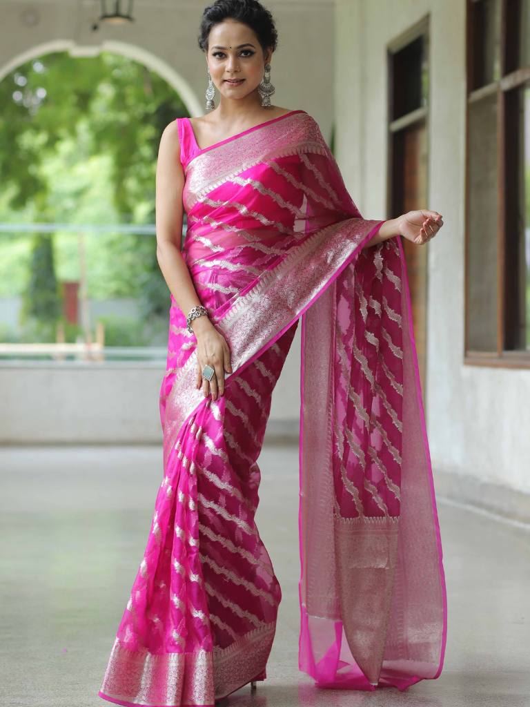 Banarasee Organza Mix Saree With Silver Zari Design & Border-Pink