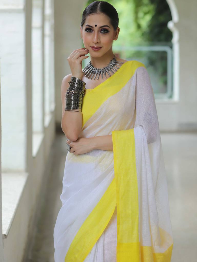 Banarasee Handloom Pure Linen Saree With Contrast Border-White & Yellow
