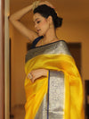 Banarasee Handloom Pure Chiniya Silk Saree With Zari Work & Contrast Border-Yellow & Blue