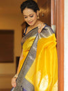Banarasee Handloom Pure Chiniya Silk Saree With Zari Work & Contrast Border-Yellow & Blue