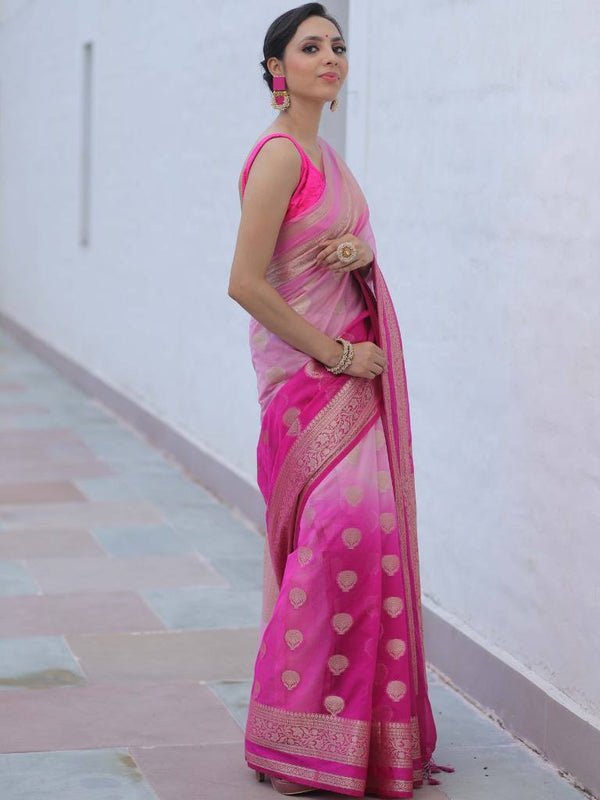 Banarasee Faux Georgette Saree With Gold Zari Work & Dual Color-Pink