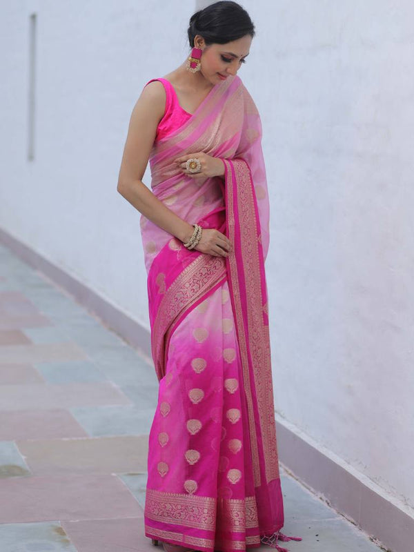 Banarasee Faux Georgette Saree With Gold Zari Work & Dual Color-Pink