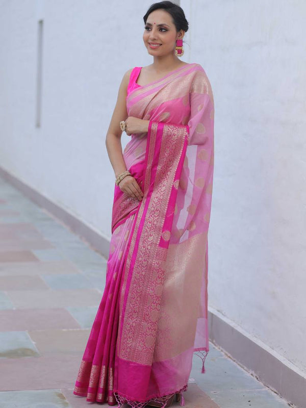 Banarasee Faux Georgette Saree With Gold Zari Work & Dual Color-Pink