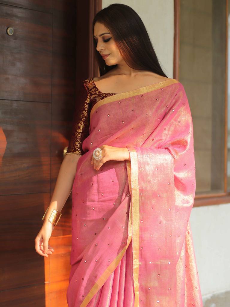 Banarasee Pure Linen By Tissue Metallic Shine Saree With Brocade Blouse-Pink