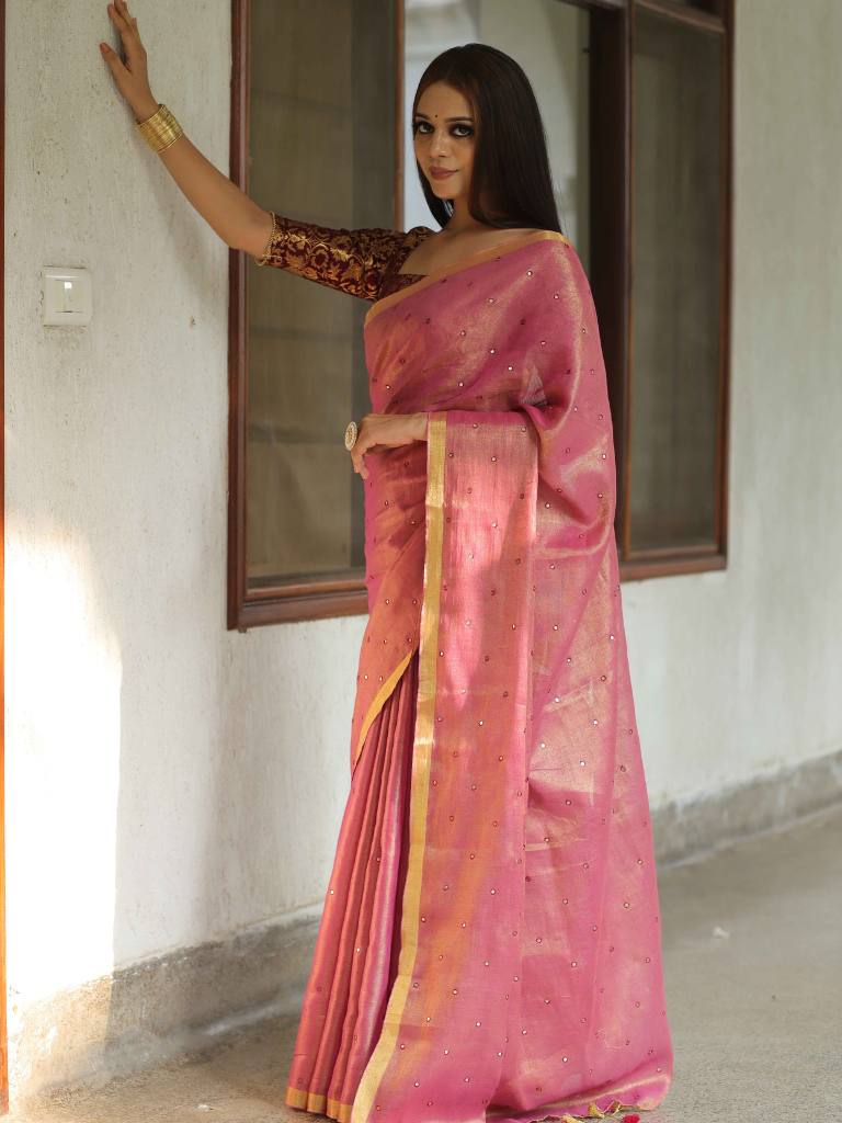 Banarasee Pure Linen By Tissue Metallic Shine Saree With Brocade Blouse-Pink