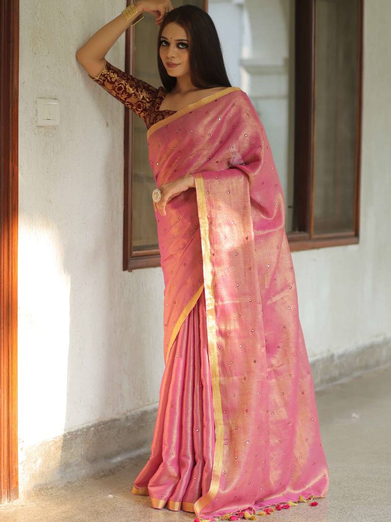 Banarasee Pure Linen By Tissue Metallic Shine Saree With Brocade Blouse-Pink