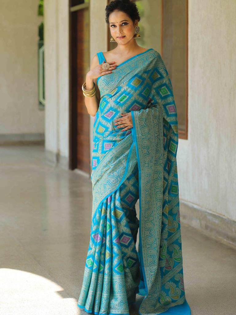 Banarasee Faux Georgette Saree With Gold Zari & Resham Jaal Work-Blue