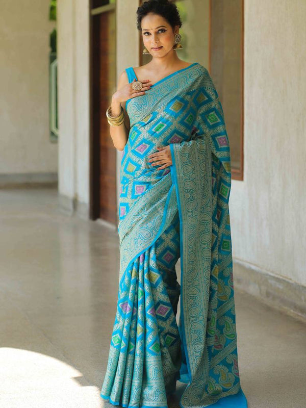 Banarasee Faux Georgette Saree With Gold Zari & Resham Jaal Work-Blue