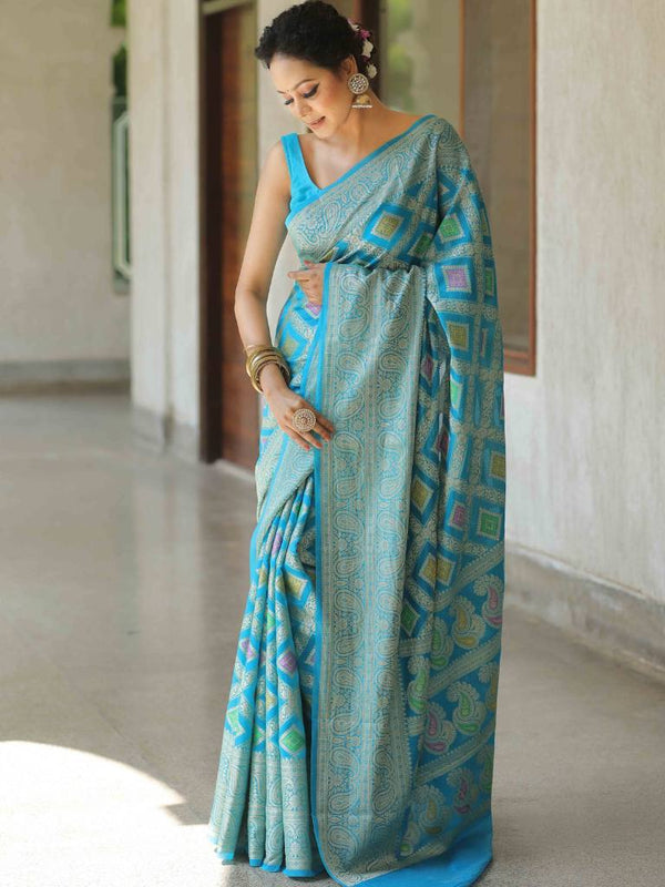 Banarasee Faux Georgette Saree With Gold Zari & Resham Jaal Work-Blue