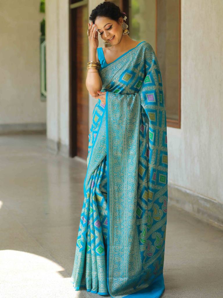 Banarasee Faux Georgette Saree With Gold Zari & Resham Jaal Work-Blue