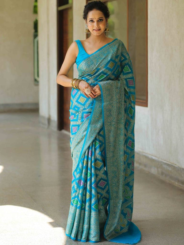 Banarasee Faux Georgette Saree With Gold Zari & Resham Jaal Work-Blue