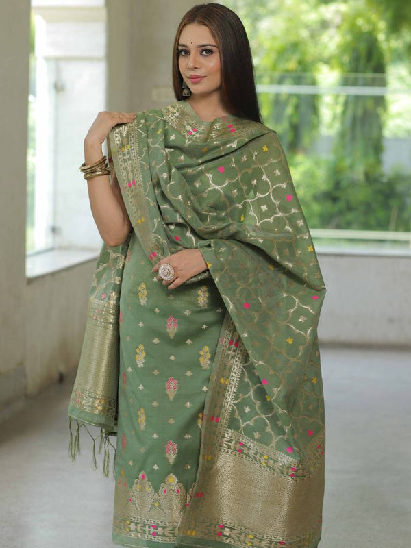 Banarasee Handloom Chanderi Salwar Kameez Fabric With Meena & Zari Design-Olive Green